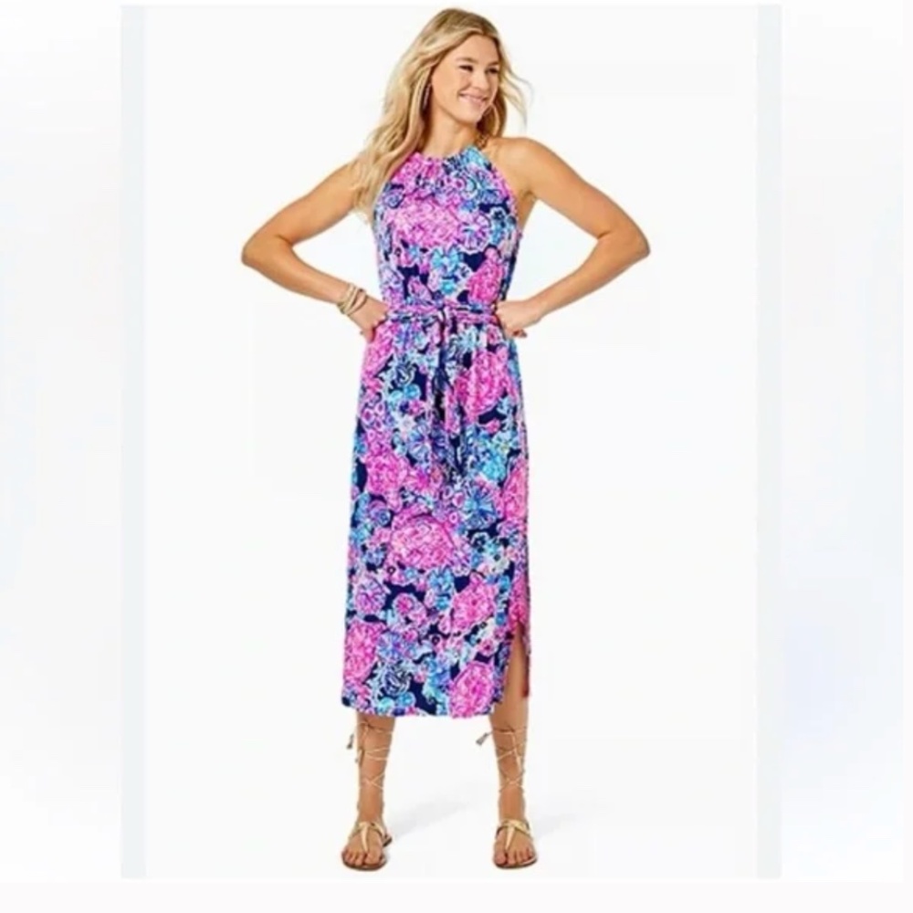 Lilly Pulitzer Pink & Blue Floral Halter Midi Dress
